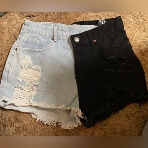 Two Tone Denim Ripped Shorts Light Blue/Black